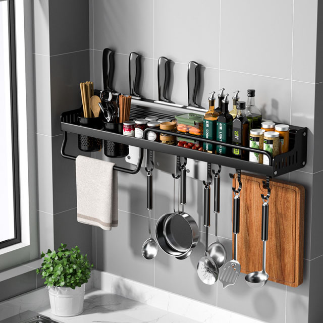 LX2002 - Wall-mounted Kitchen Storage Rack - [Black, 30cm, No Cup, No Hooks] 2 Knife Slots, with Drain Basket