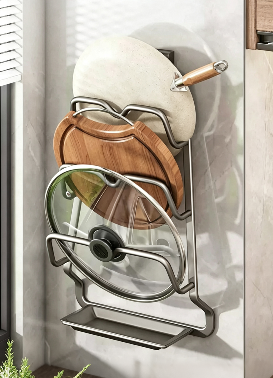 016 - Wall-mounted Multi-layer Pot Rack [Silver - Small Size, Two Tiers]