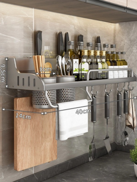 LX2003 Wall-Mounted Kitchen Storage Rack - [Gun Grey - 40cm Single Cup + 6 Hooks] with Drain Basket