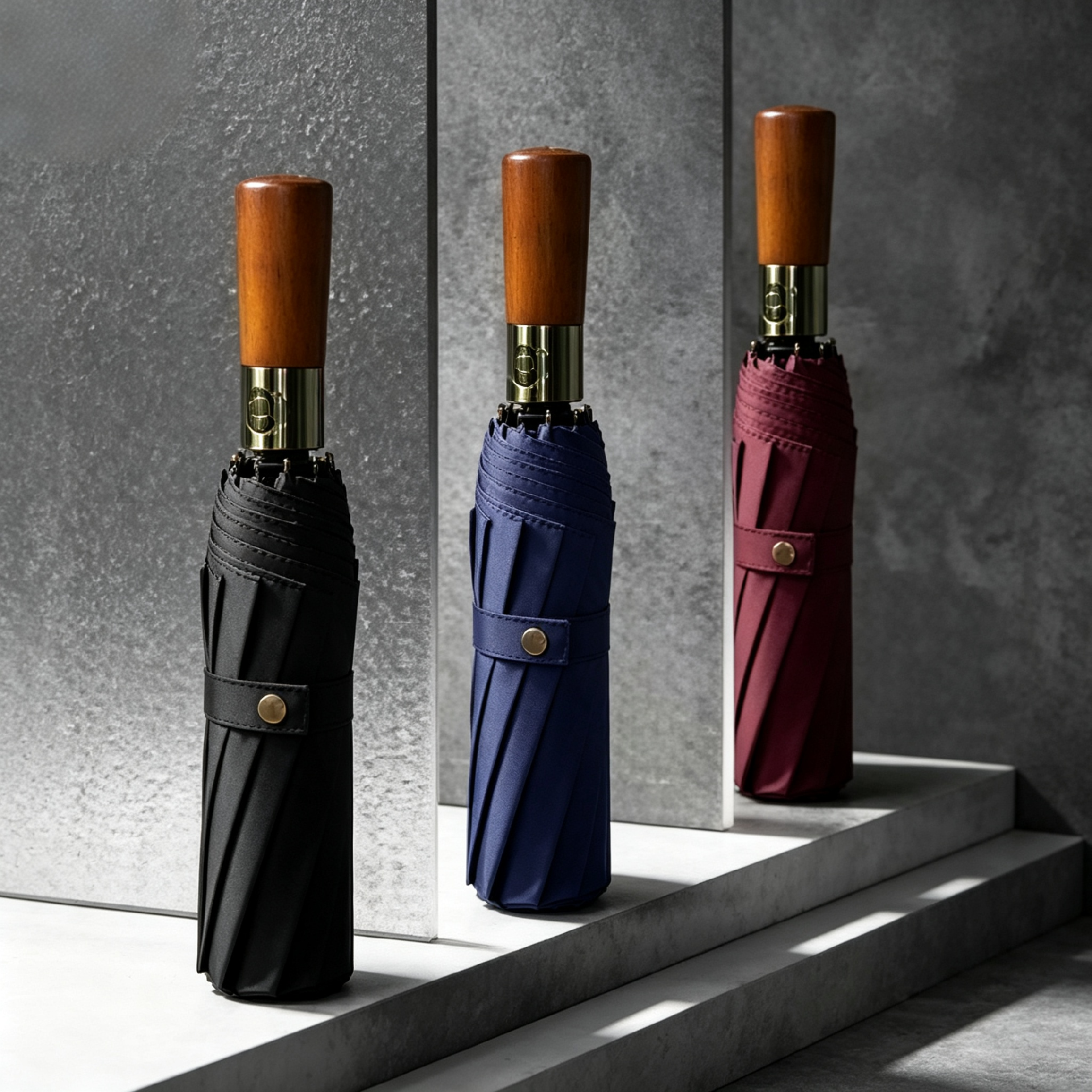 Wood‑grain Handle Automatic Folding Umbrella,23 Inch,10 Ribs,Vinyl UV‑Coated,Sun & Rain Dual‑Use